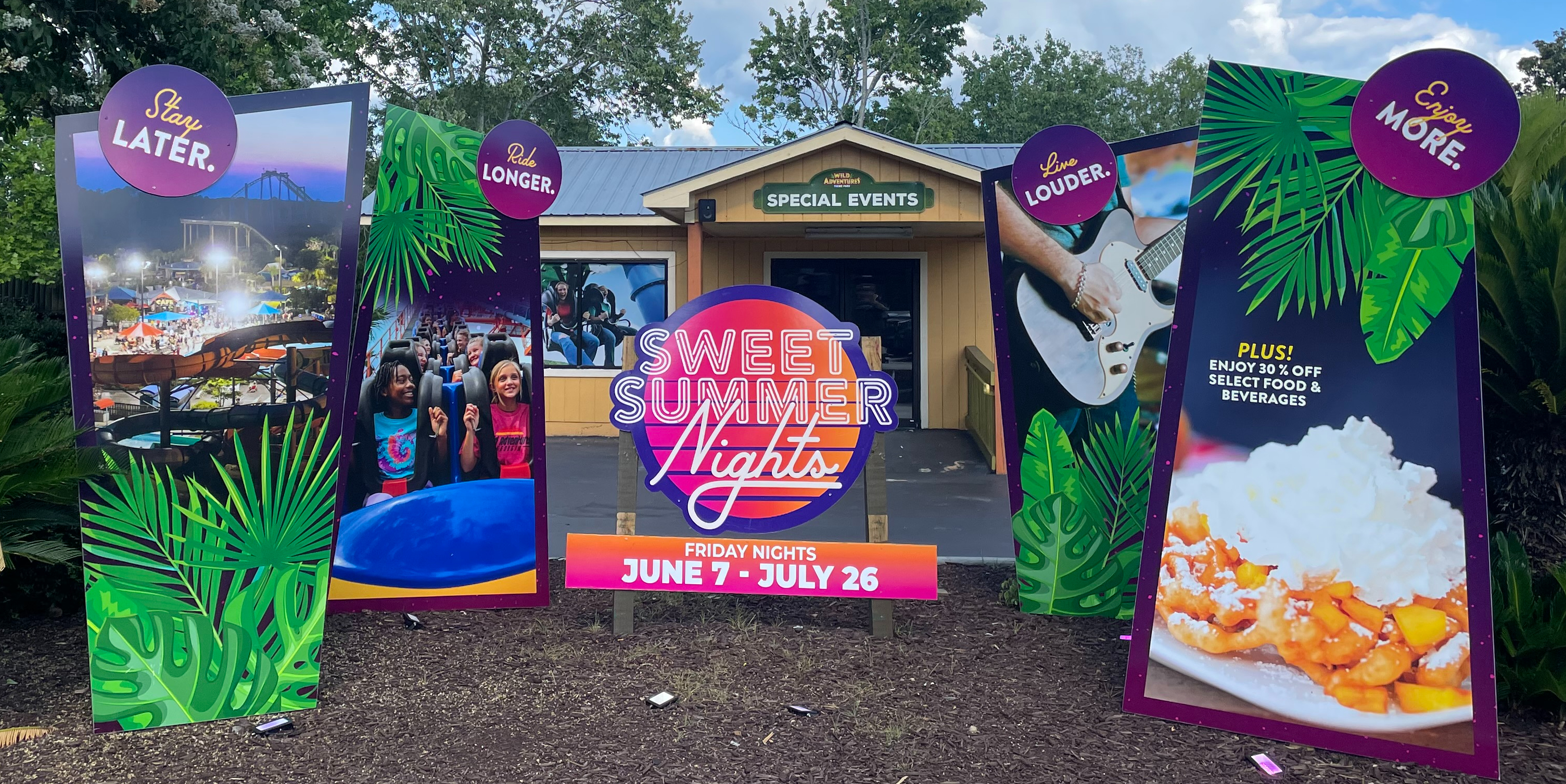 Sweet Summer Nights sign display outside Wild Adventures.