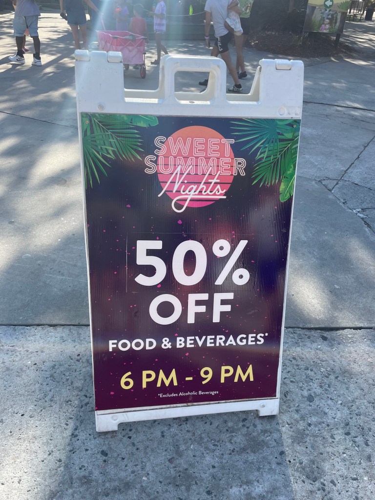 Sweet Summer Nights 50% off sign at Wild Adventures.