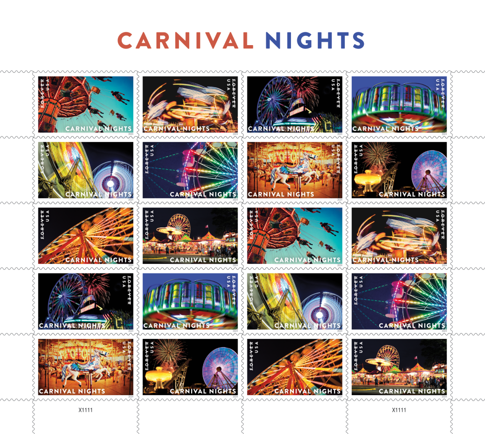 Complete sheet of Carnival Nights stamps