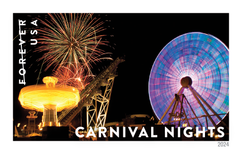 Ferris wheel, roller coaster and fireworks on postage stamp