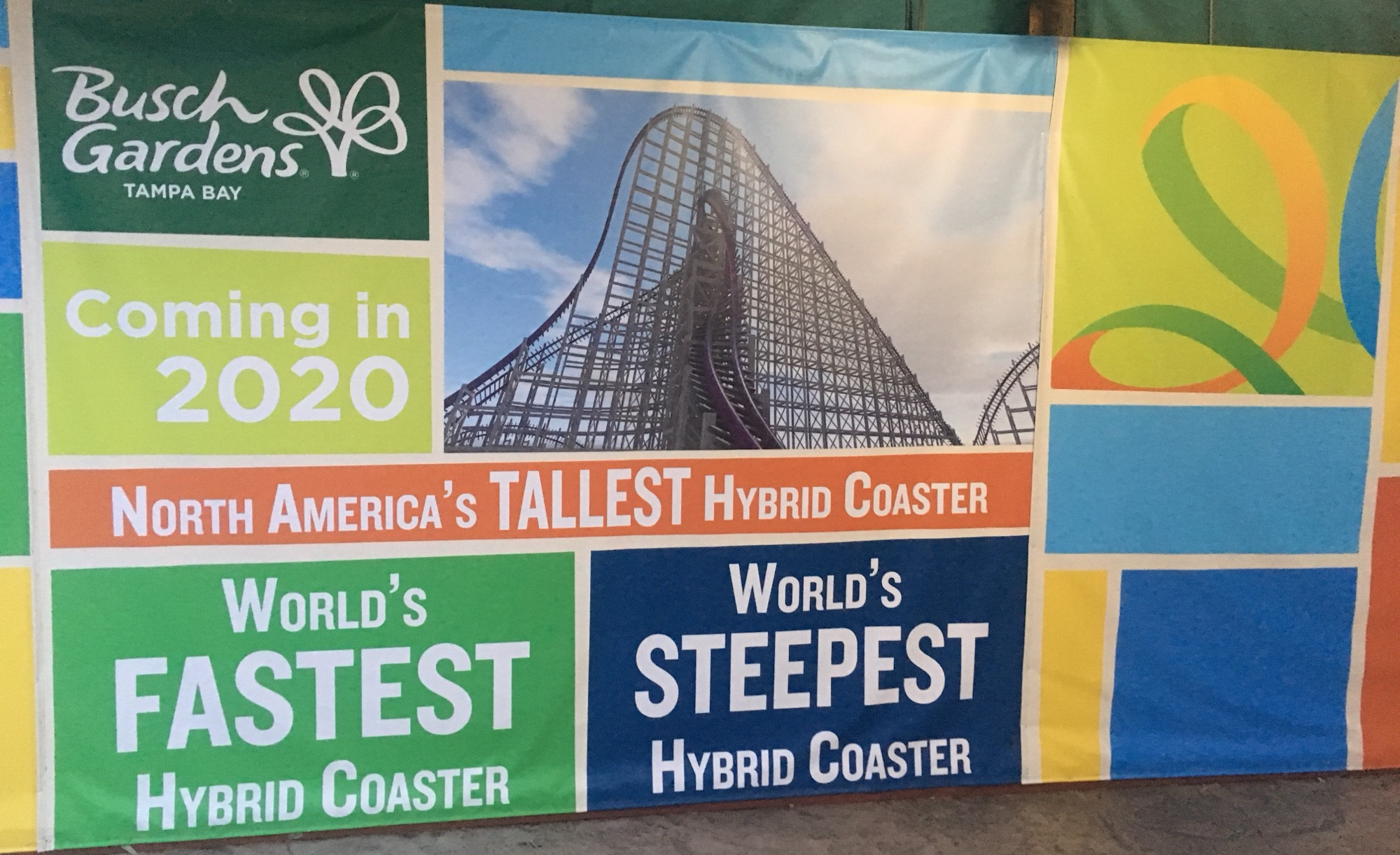 Busch Gardens Iron Gwazi sign from 2019 advertising a 2020 opening