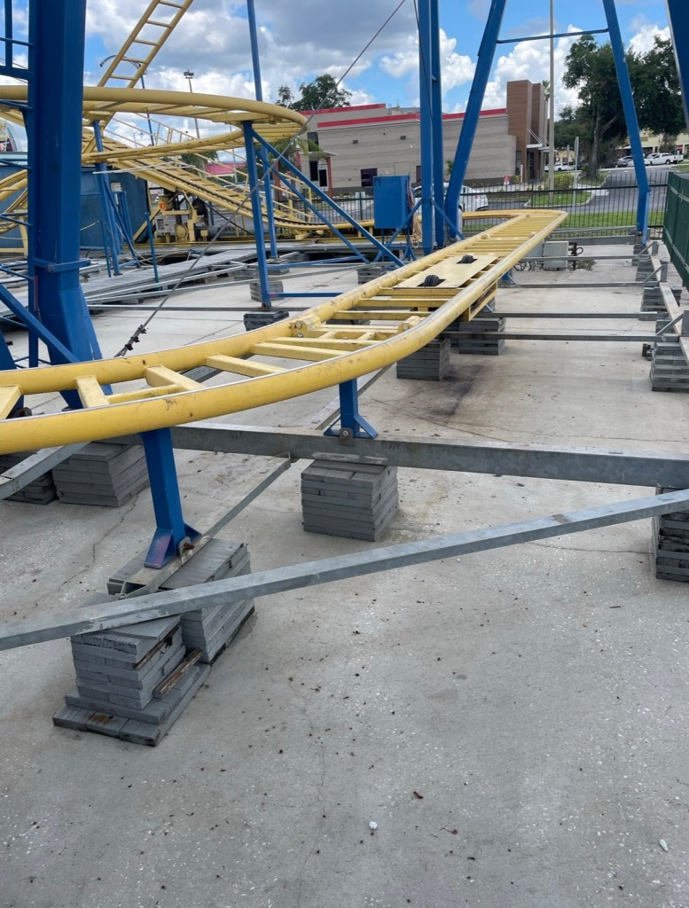 Galaxy Spin coaster at Fun Spot Kissimmee with bricks under supports