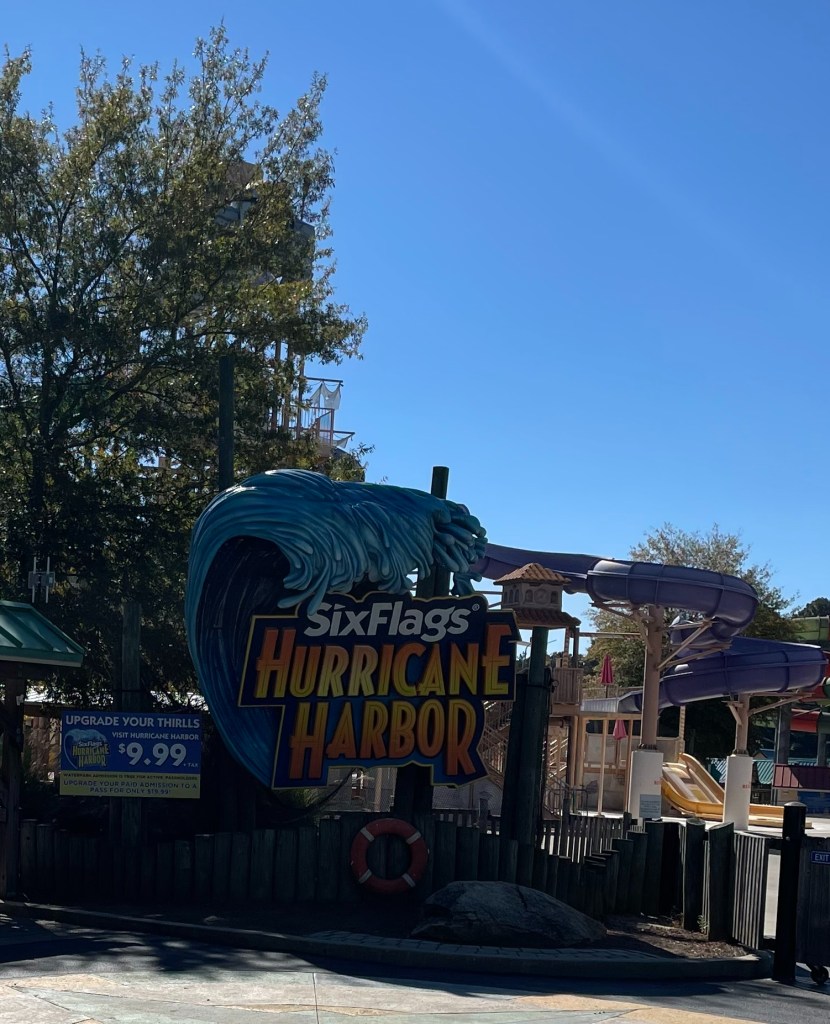 Entrance sign at Six Flags Over Georgia Hurricane Harbor Water Park