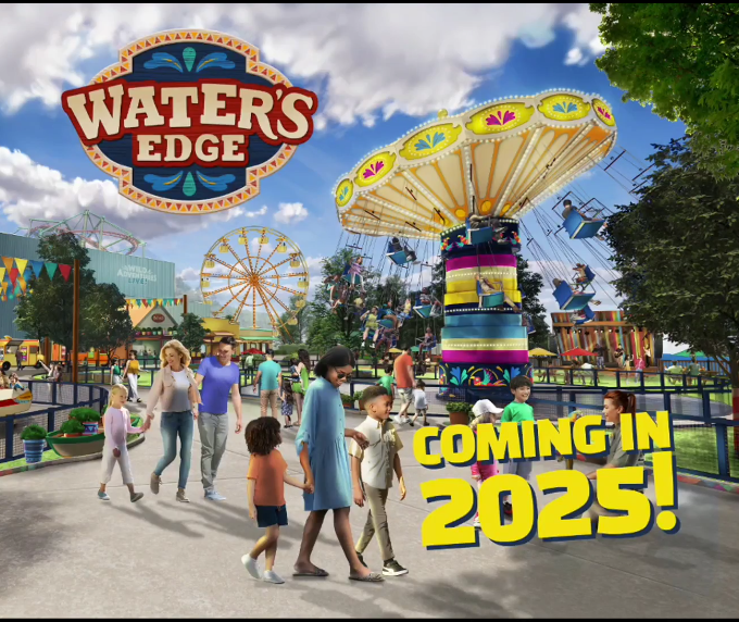 Water's Edge rendering at Wild Adventures showing swing ride and Ferris Wheel