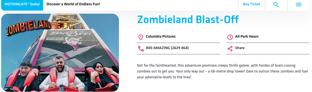 Zombieland Blast-Off info from Motiongate Dubai website