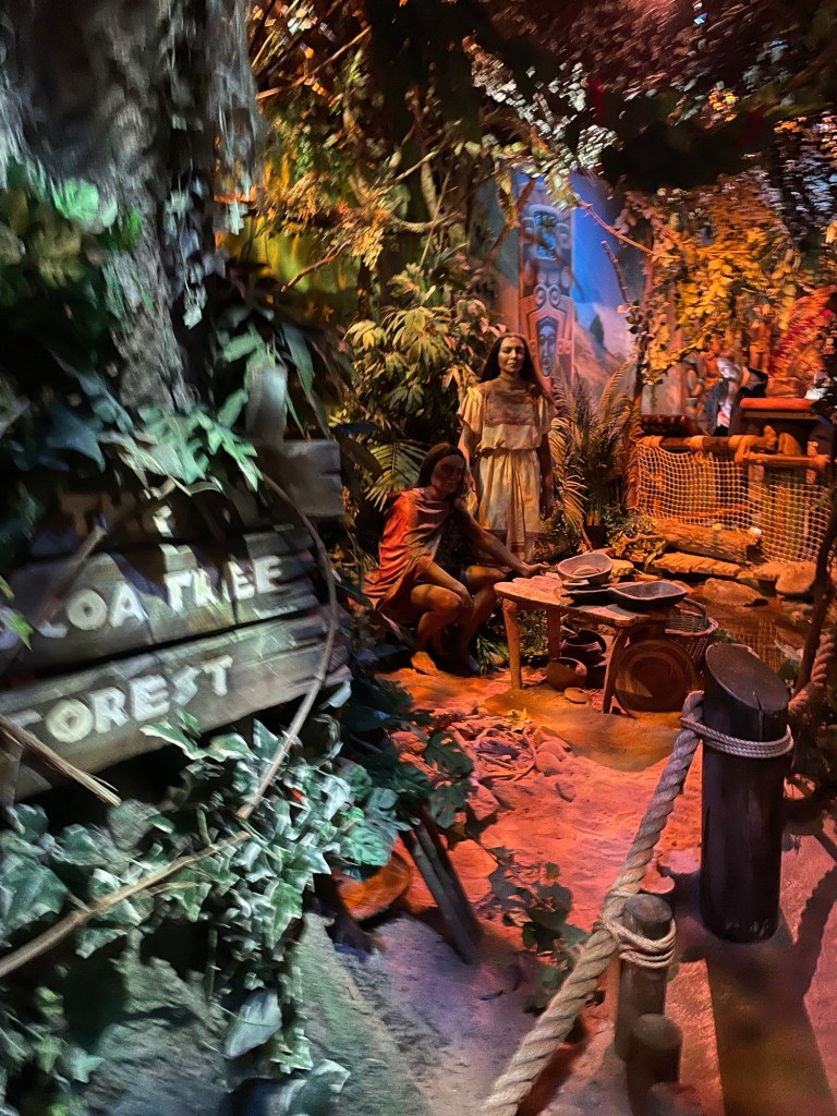 Ancient chocolate making display at Cadbury World showing jungle