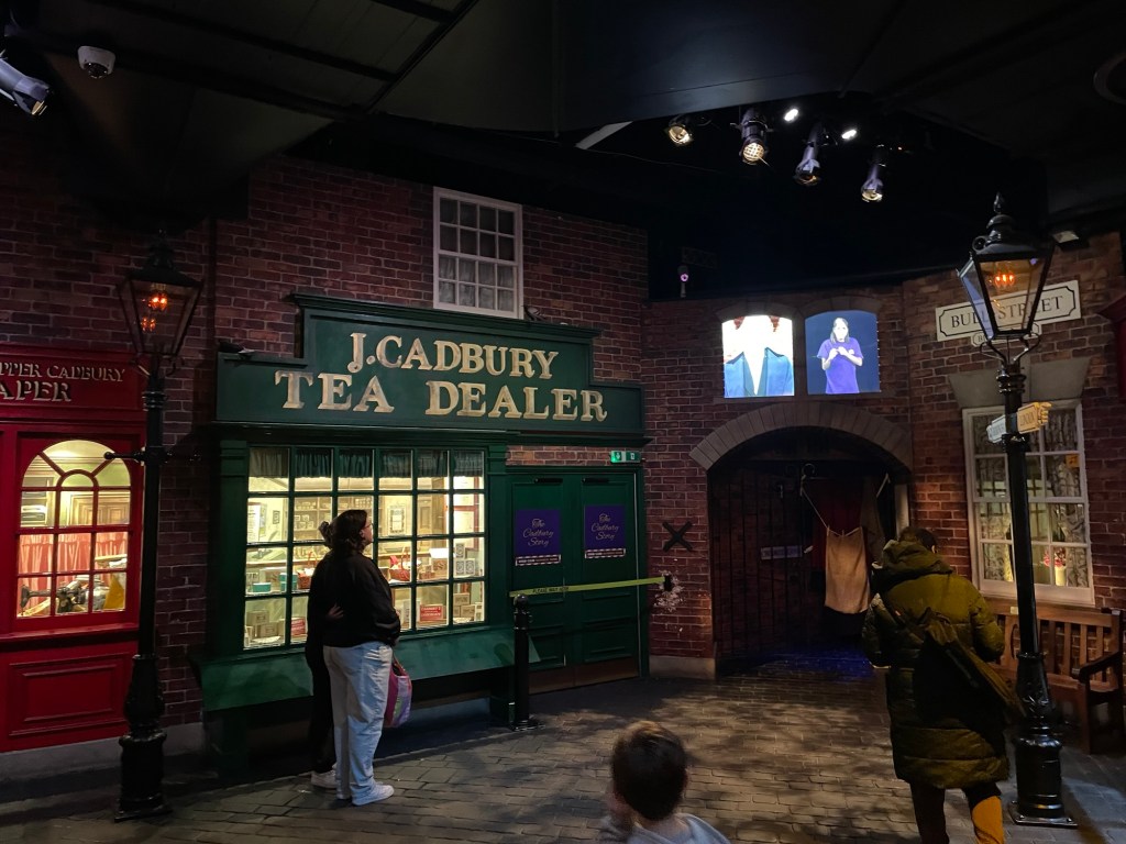Mock-up of English town in Cadbury World showing tea dealer on Bull Street