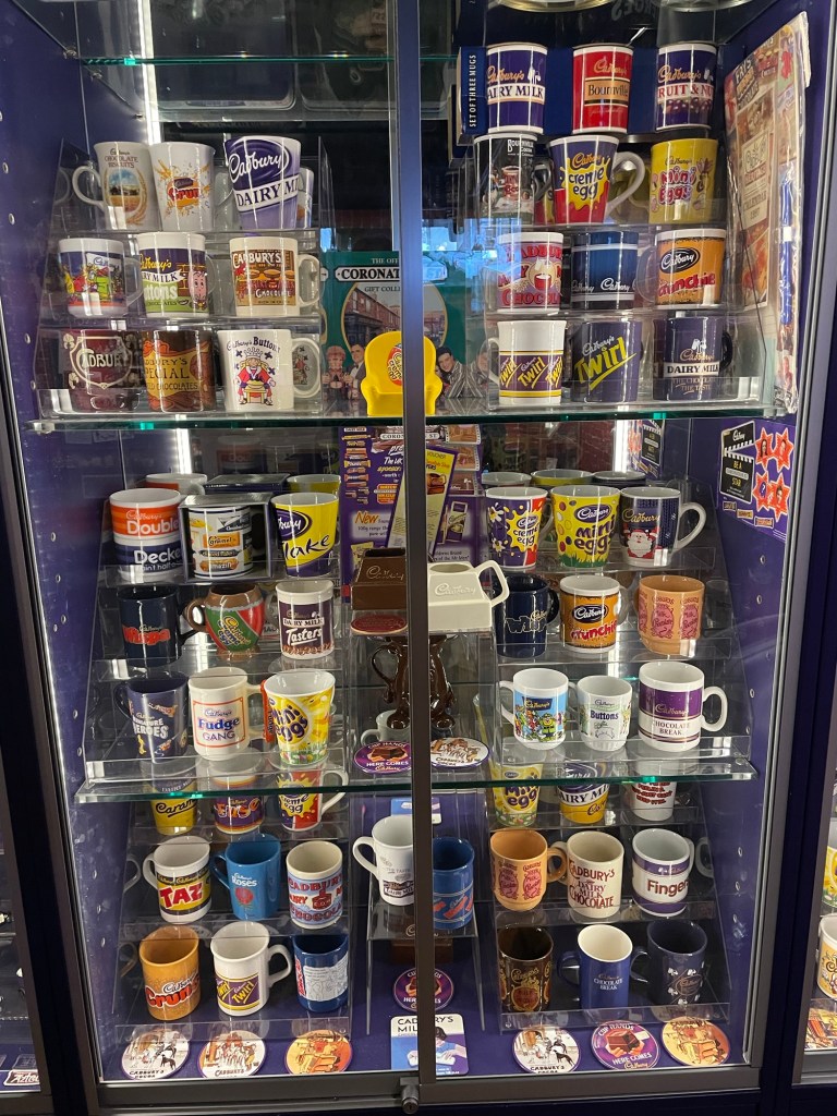 Cadbury mug display at the Bournville Experience at Cadbury World