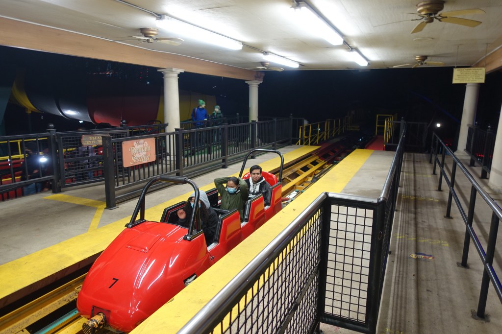 La Vibora sled car train at Six Flags Over Texas. An Intamin Swiss Bob Roller coaster.