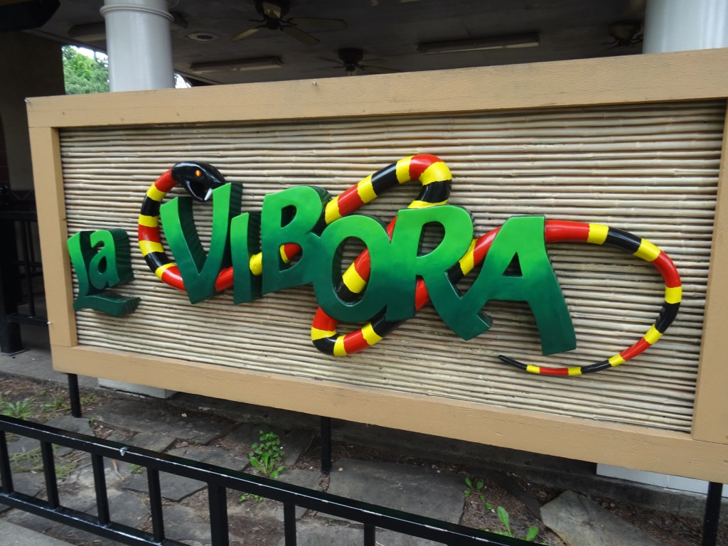 La Vibora sign at Six Flags Over Texas. An Intamin Swiss Bob Roller coaster.
