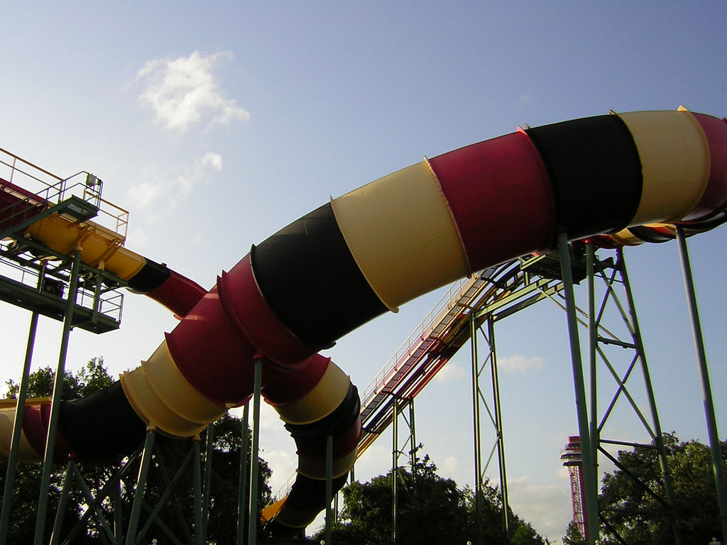 La Vibora at Six Flags Over Texas with lift hill. An Intamin Swiss Bob Roller coaster.
