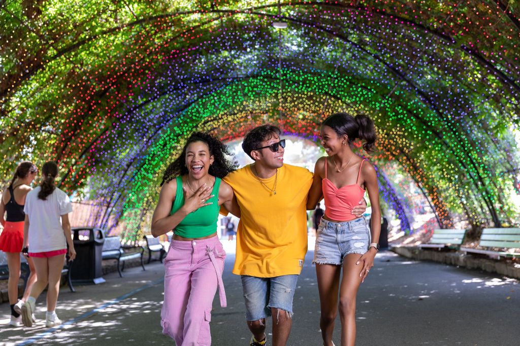 3 teens in a rainbow tunnel