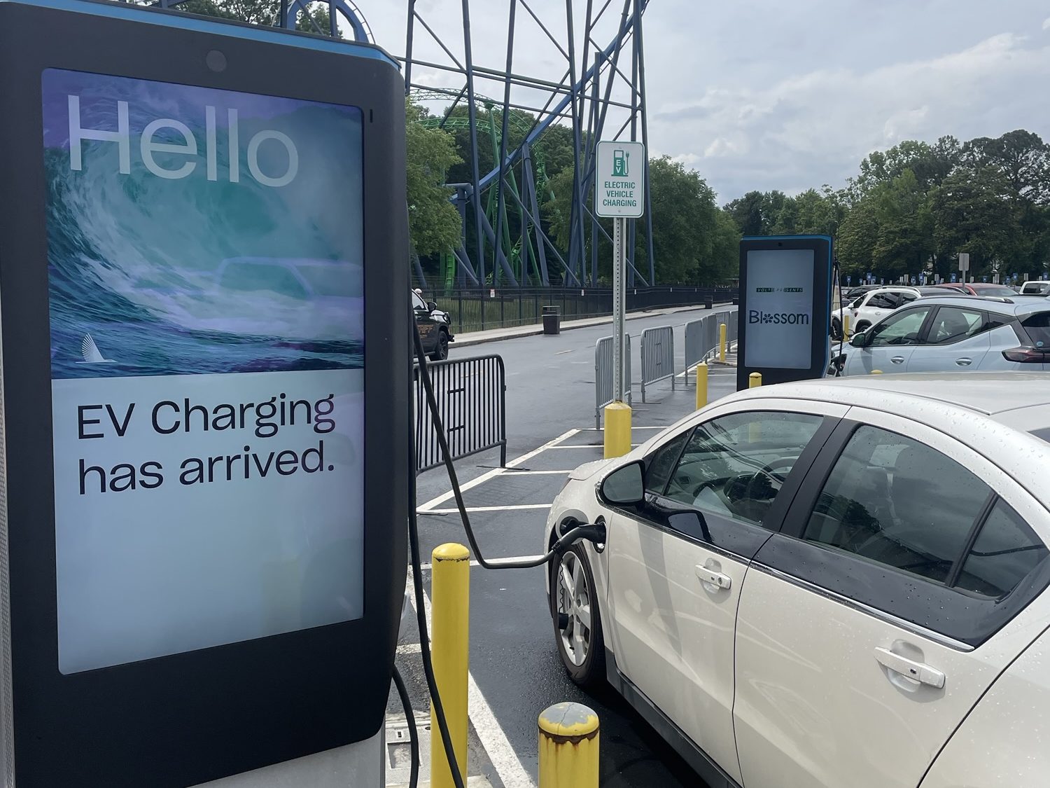 Car charging station at a theme park