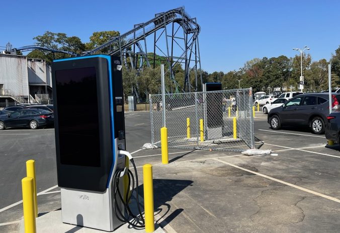 Car charging station at a theme park under construction