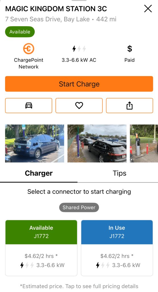 ChargePoint scree for Disney magic kingdom for car charging