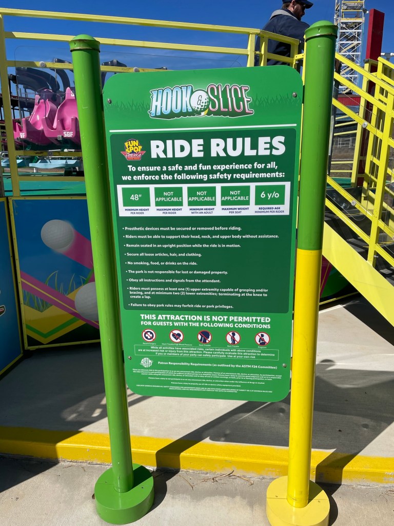 Sign for Hook & Slice flat ride at Fun Stop Atlanta