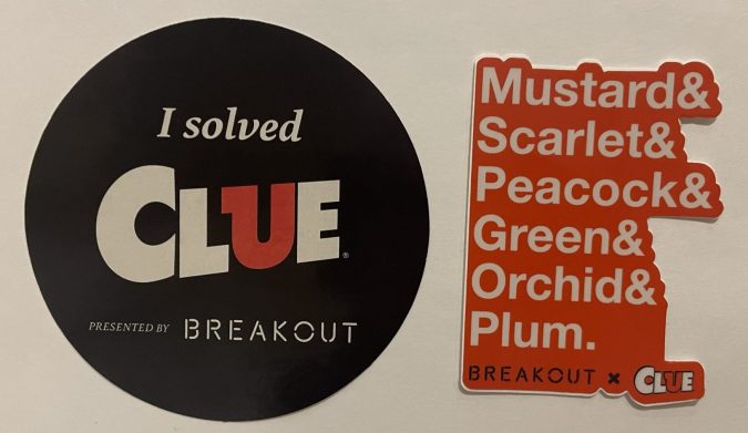 Stickers for completing Clue at Breakout Games Atlanta