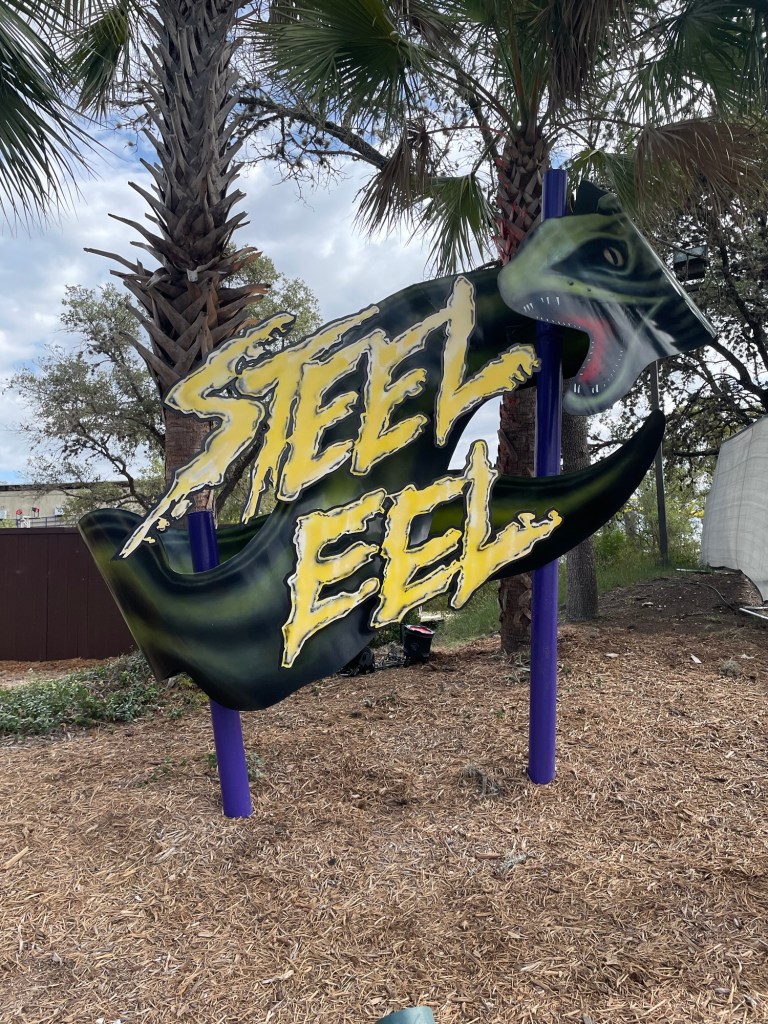 Steel Eel roller coaster sign at SeaWorld San Antonio