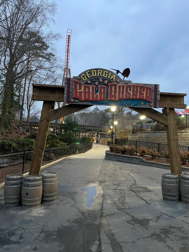 Georgia Gold Rusher roller coaster sign at Six Flags Over Georgia