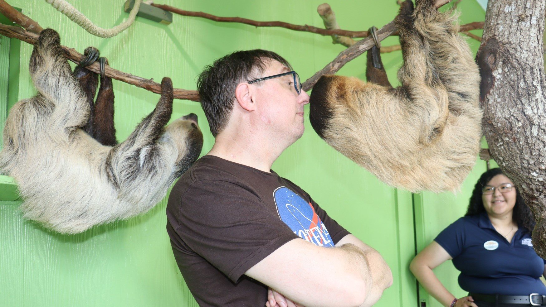human with sloths at Wild Adventures