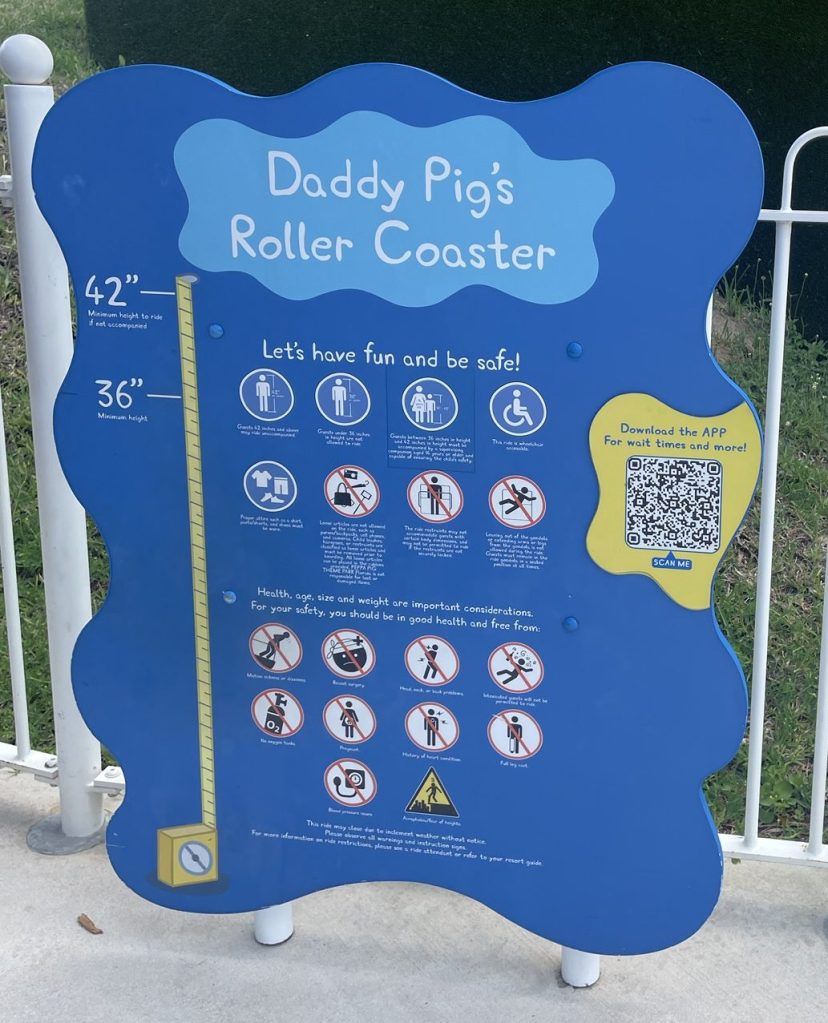 Daddy Pig's Roller Coaster sign at Peppa Pig Theme Park