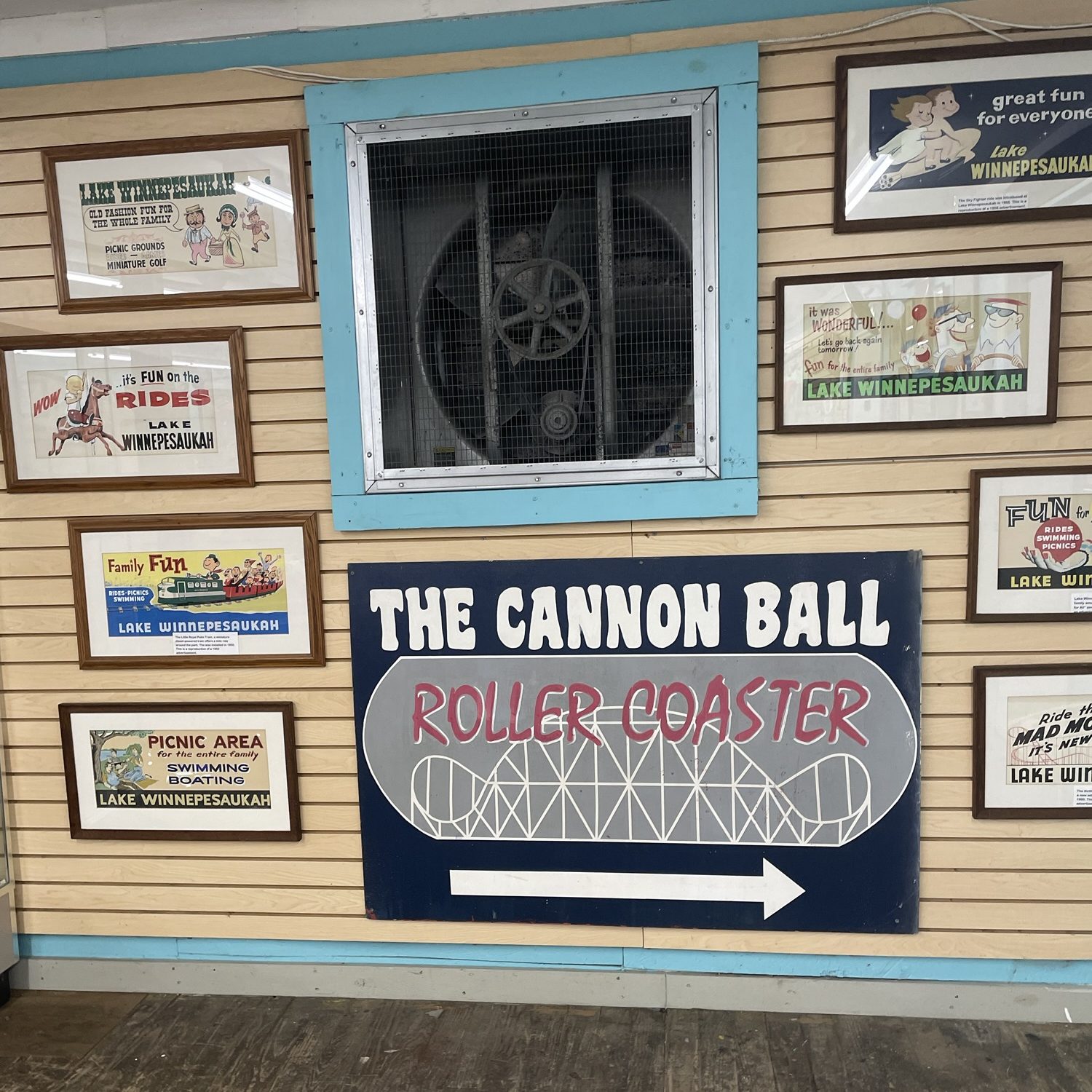 Cannon Ball roller coaster sign at Lake Winnie amusement park