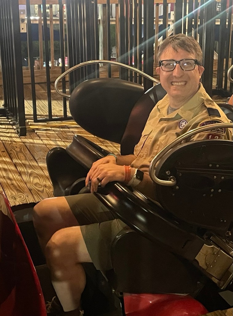 Scout leader on Mine Blower roller coaster at Fun Spot Kissimmee