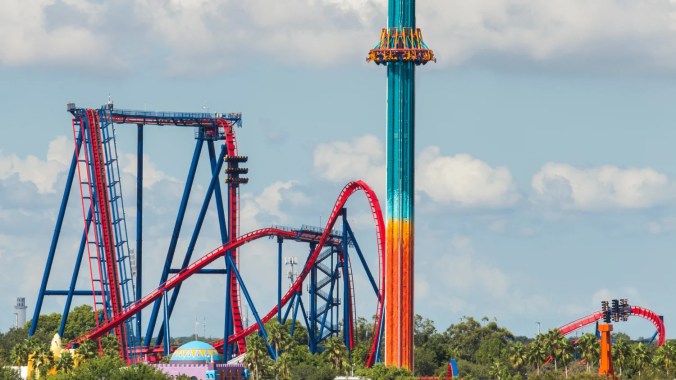 Busch Gardens Tampa Bay skyline showing SheiKra and Falcon's Fury