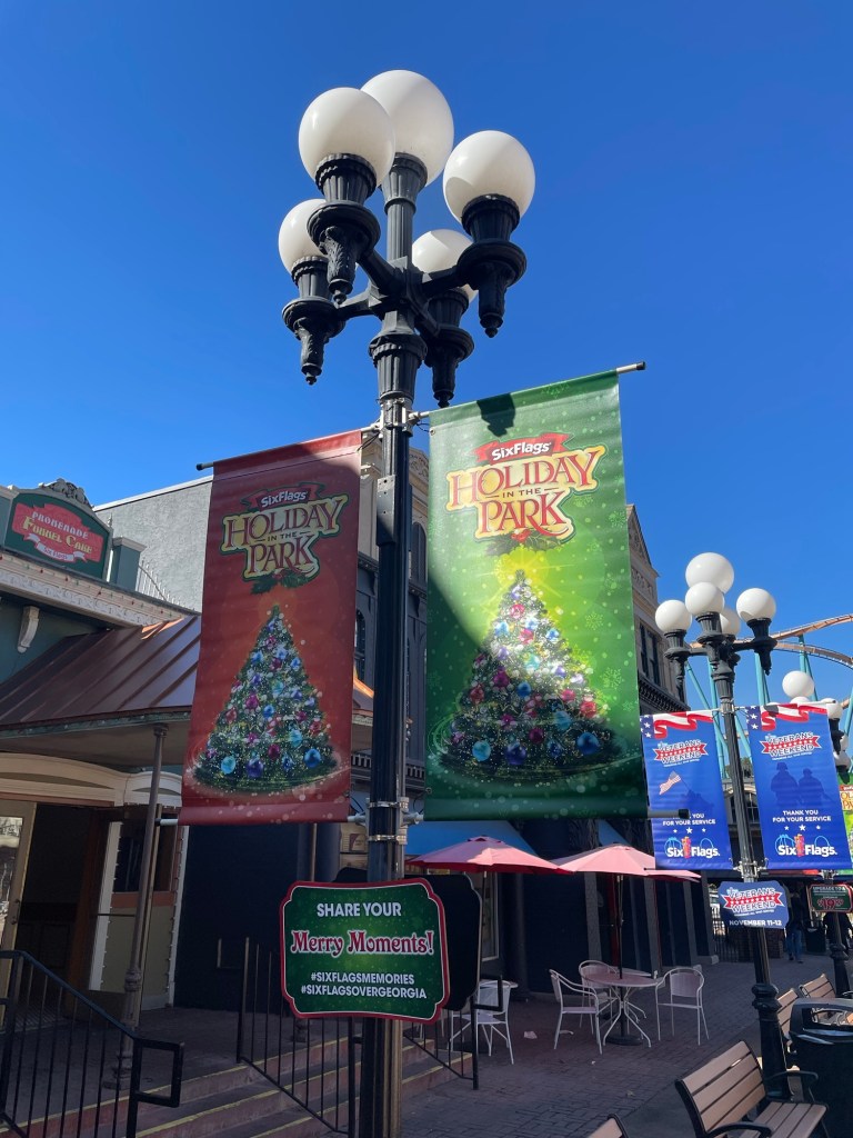 Banner signs for Six Flags Over Georgia Holiday in the Park