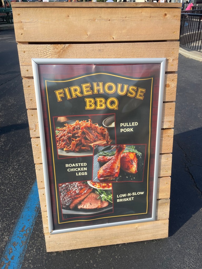 Firehouse BBQ restaurant sandwich board menu at Six Flags Over Georgia