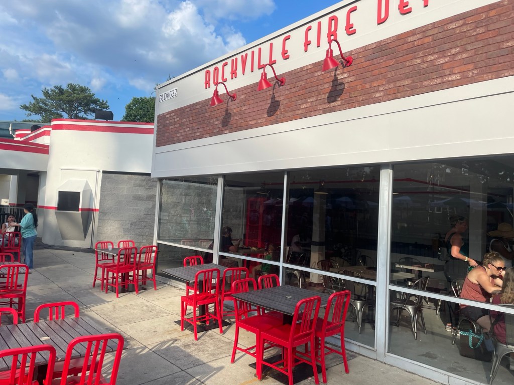 Firehouse BBQ restaurant outdoor seating area at Six Flags Over Georgia