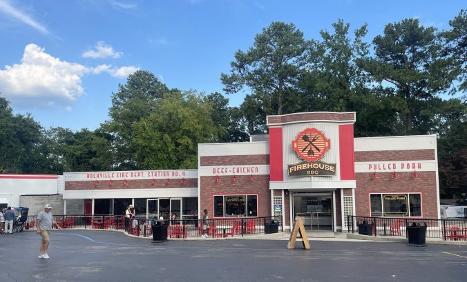 Firehouse BBQ restaurant exterior at Six Flags Over Georgia