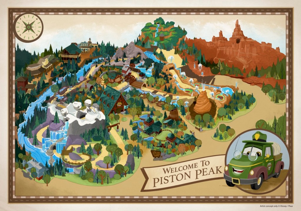 Cars Land 2025 concept art Piston Peak National Park at Magic Kingdom Walt Disney World