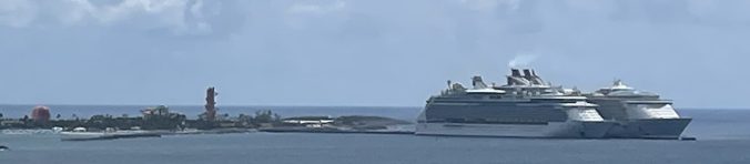 Royal Caribbean Thrill Waterpark as seen from Norwegian Cruise ship with 2 ships docked