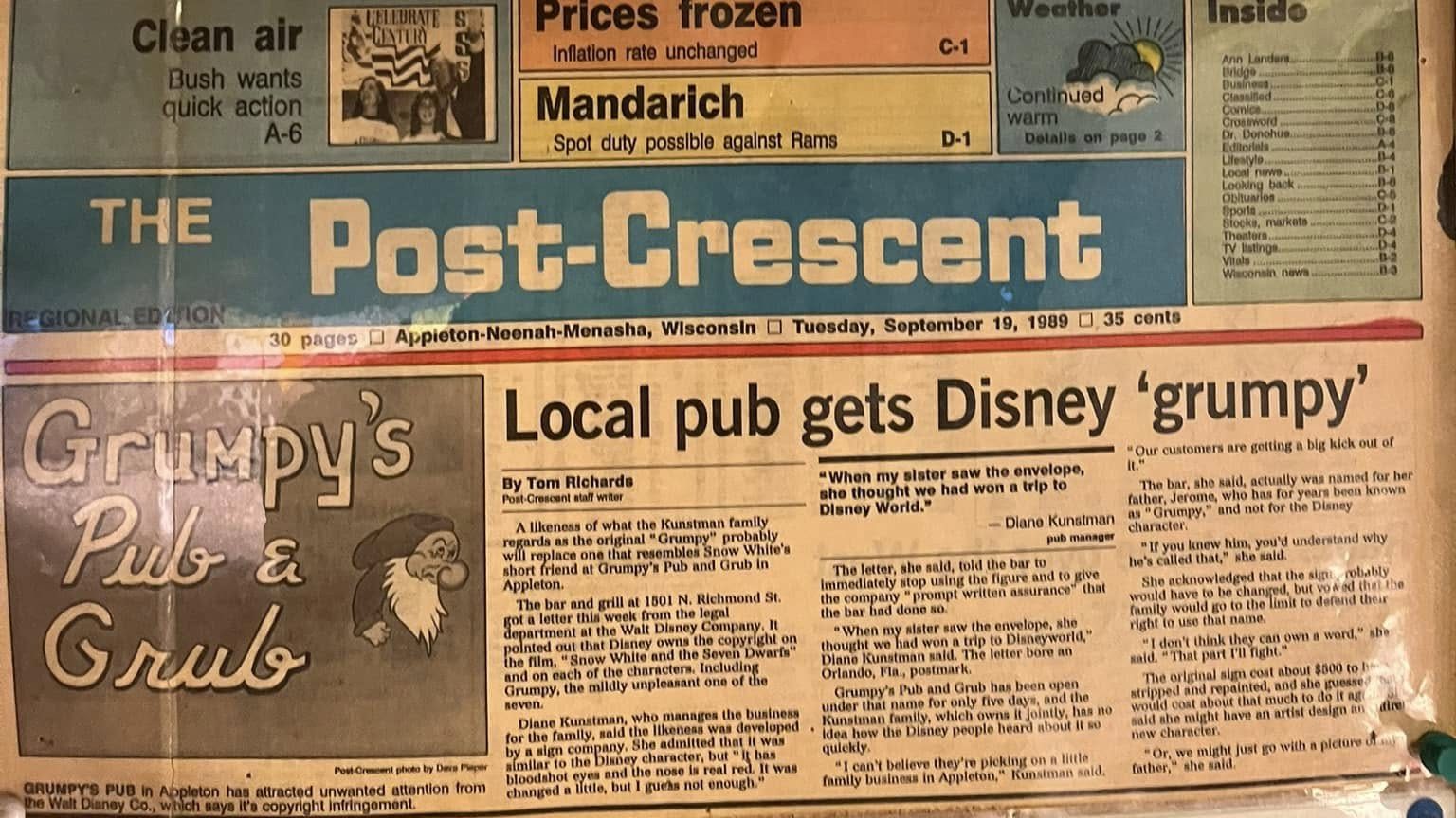 Newspaper article from Appleton Post-Crescent about Grumpy's Pub