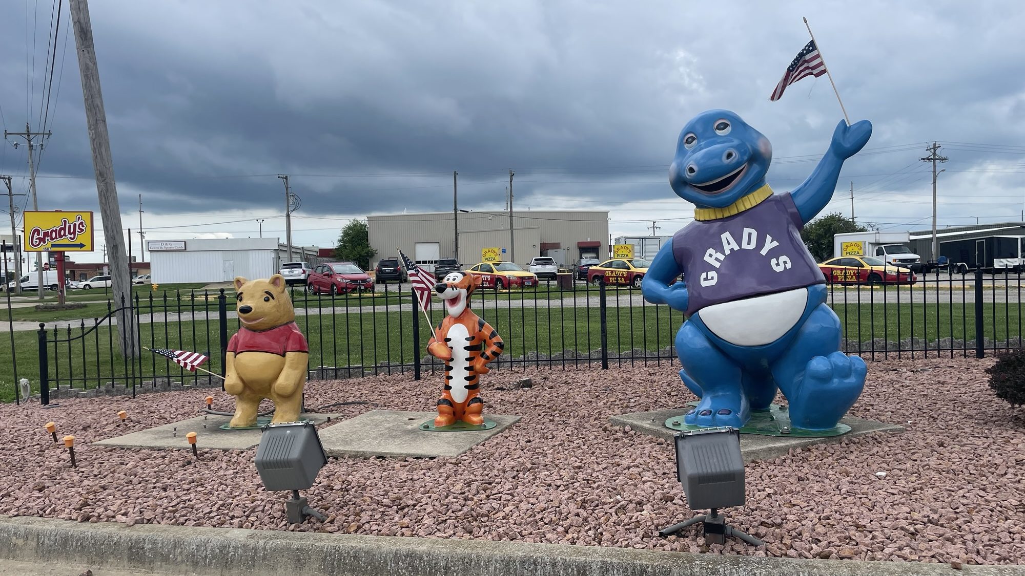 Grady's Family Fun Park entrance with Winnie-the-Pooh and Tigger statues