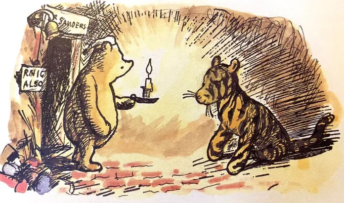 Winnie the Pooh public domain cartoon holding candle with tigger