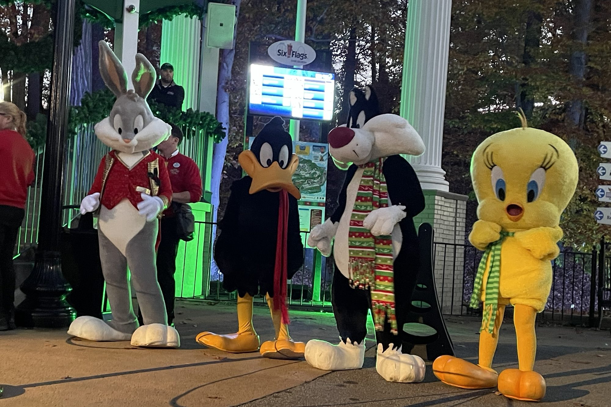 Looney Toons characters at Christmas at Six Flags Over Georgia