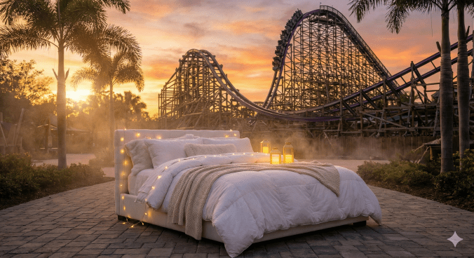 A bed in front of Iron Gwazi at Busch Gardens