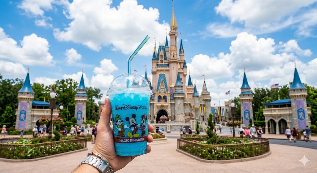 Cup with straw in front to castle at Magic Kingdom